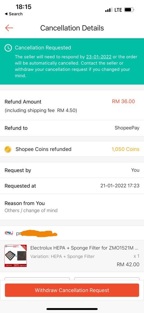 cancel order at shopee - refund amount