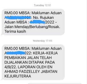 SMS makluman status aduan MBSA
